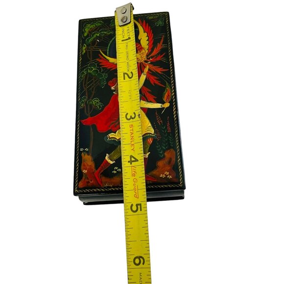 Hand-Painted Russian Lacquer Box With Fairy Tale Scene Hinged Lid 6" x 3" - Picture 5 of 6